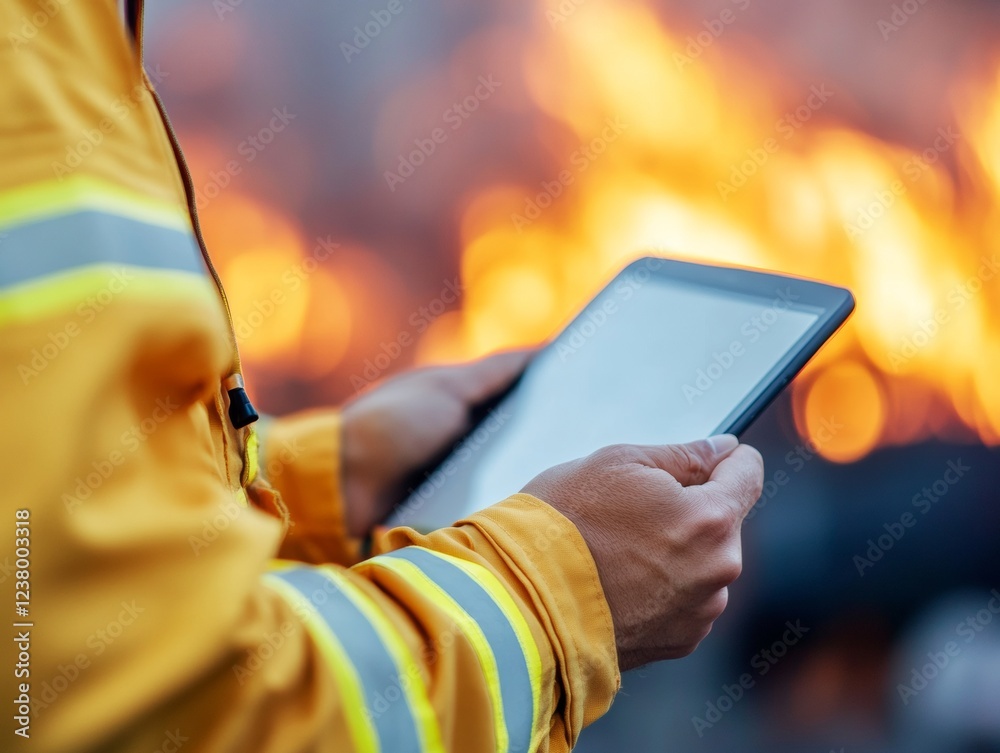Poster Digital Crisis Management Firefighter Analyzing Emergency Protocols on a Tablet in High-Tech Safety Gear - Public Service Efficiency and Resilience Planning