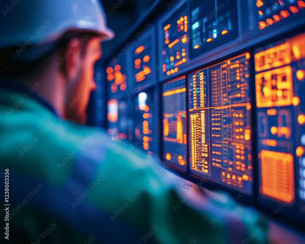 Poster Industrial Tech Display Ergonomic Control Room Monitoring Screens with Technicians in Uniform - Modern Hazard Detection and Proactive Surveillance for Workplace Safety