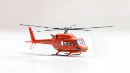Fototapeta premium A tiny, happy firefighter helicopter spraying a small stream of water, isolated on white