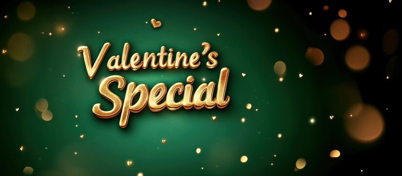 Solid Emerald Glow deep emerald green smooth background glowing, "Valentine's Special" in bold 3D metallic gold serif font with glowing highlights, giving a lush and romantic feel 
