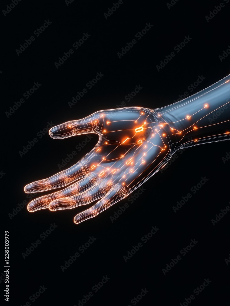 Poster Neon Technological Display Robotic Hand with Illuminated Circuitry on Digital Grid - Intelligent Systems Content and Futuristic Engineering Visualization