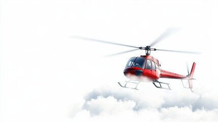 Adorable helicopter hovering with cloud puffs behind it, isolated on white