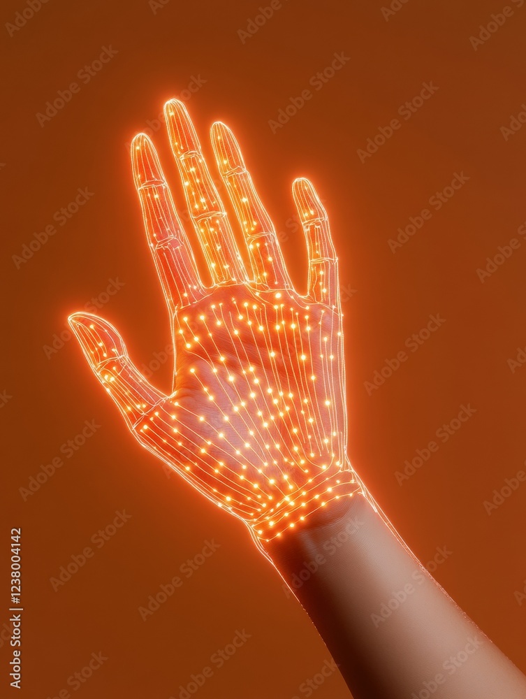 Poster Neon Futurism in Technology Robotic Hand with Illuminated Circuitry on Orange Backdrop - Engineering Design for Smart Systems and Advanced Connectivity Solutions