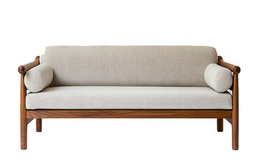  a white couch with wooden legs and a wooden back on transparent background.