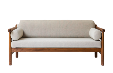  a white couch with wooden legs and a wooden back on transparent background.