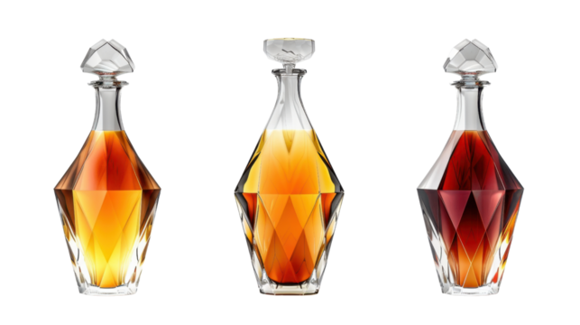 Crystal decanters containing varying shades of amber liquid on transparent background
