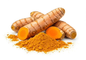 Close-Up of Whole Turmeric Root and Bright Yellow Turmeric Powder on a White Background