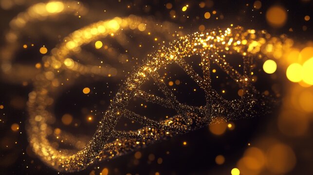 Golden helix: futuristic 3d illustration of a glowing dna strand with molecular structures and digital data elements, representing biotechnology, genetic research, and scientific innovation in a high-