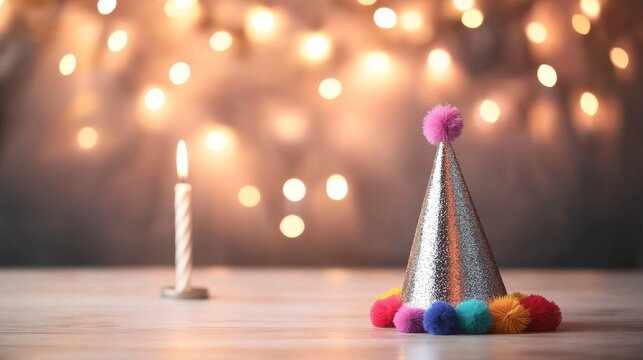 Festive silver party hat with candle on wood table, bokeh lights background; birthday celebration, greeting card design