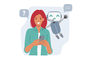 Chatbot helps woman through mobile application on phone, providing advice and technical support. Online chatbot for solving customer issues, equipped with artificial intelligence or ai technology