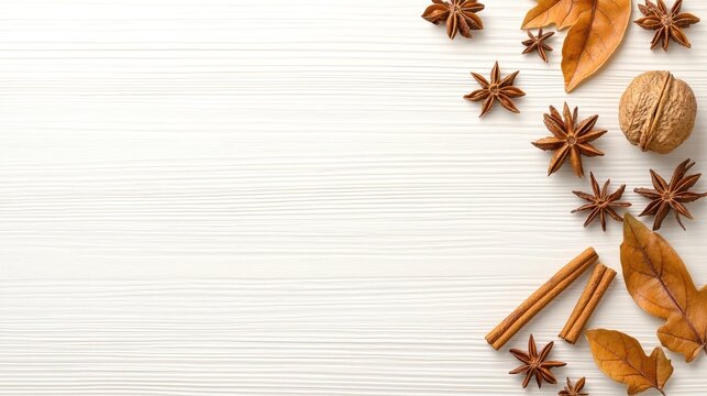 Autumn spices and nuts on white wood, copy space, fall background, recipe design
