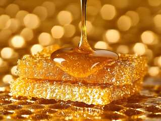Honey pouring onto honeycomb, golden bokeh background, food photography