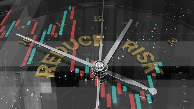 Clock. Reduse risk text. Stock market, business. About time as a resource in the context of business efficiency 3d Animation