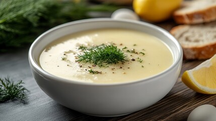 Elegant Bowl of magiritsa soup garnished with fresh dill and served with lemon wedges and crusty bread against a background of Easter decorations 