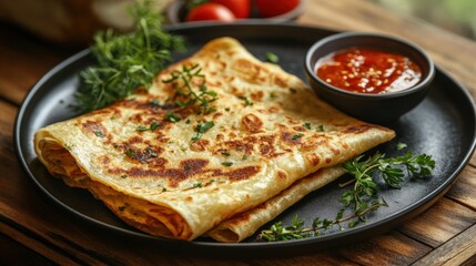 Deliciously Crispy Flatbread Served with Spicy Sauce and Fresh Herbs on a Rustic Wooden Table, Perfect for Enjoying with Friends and Family