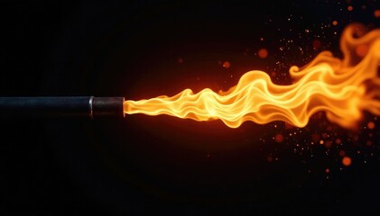 Isolated bright tongue of flame extending from flamethrower, pyrotechnic, flame