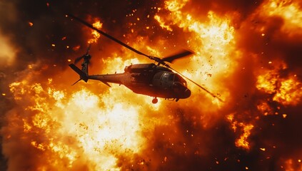 Helicopter flying through intense fiery explosion.