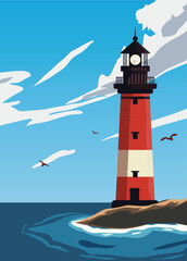 poster of lighthouse with sea view and panorama, background vintage vector illustration design