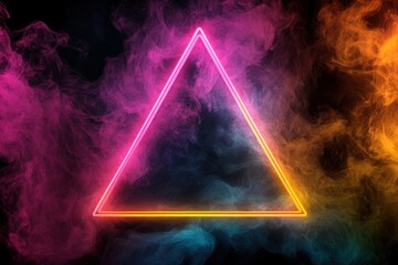 Colorful neon triangle surrounded by vibrant smoke in a dark environment