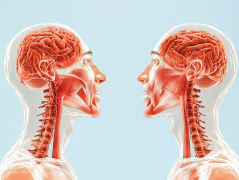 Anatomical comparison of human heads showcasing brain and neck structures