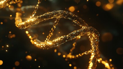 Golden helix: futuristic 3d illustration of a glowing dna strand with molecular structures and digital data elements, representing biotechnology, genetic research, and scientific innovation in a high-