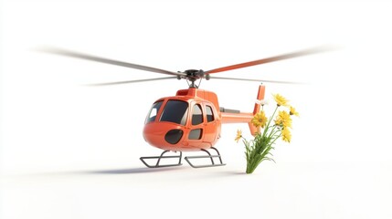 Little helicopter holding a flower bouquet with tiny propellers spinning, isolated on white