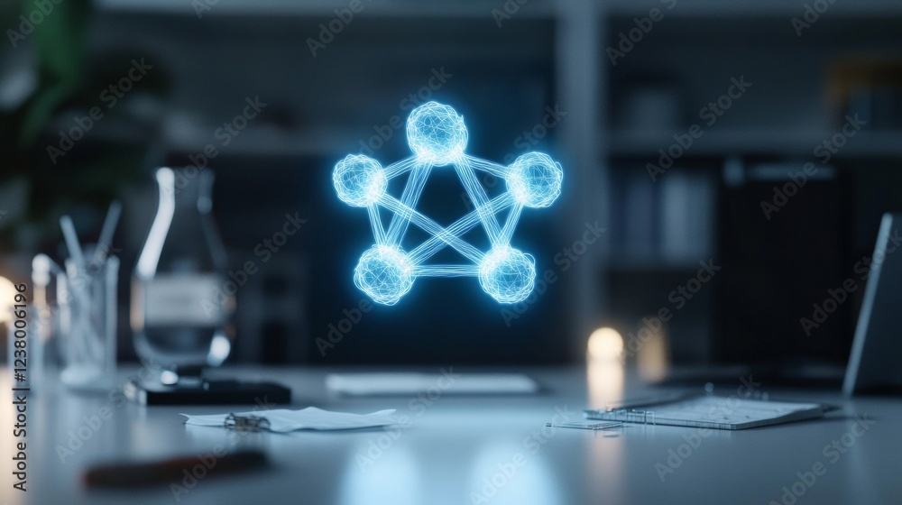 Aufkleber Neon-Hued Holographic Molecule Display Cutting-Edge Visualization for Scientific Labs and Tech Innovation - Enhancing Research Efficiency with Advanced Digital Interfaces