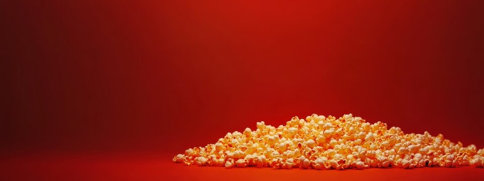Pile of popcorn on red background.