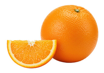 A whole orange and a single slice showing the juicy texture, isolated on a white background