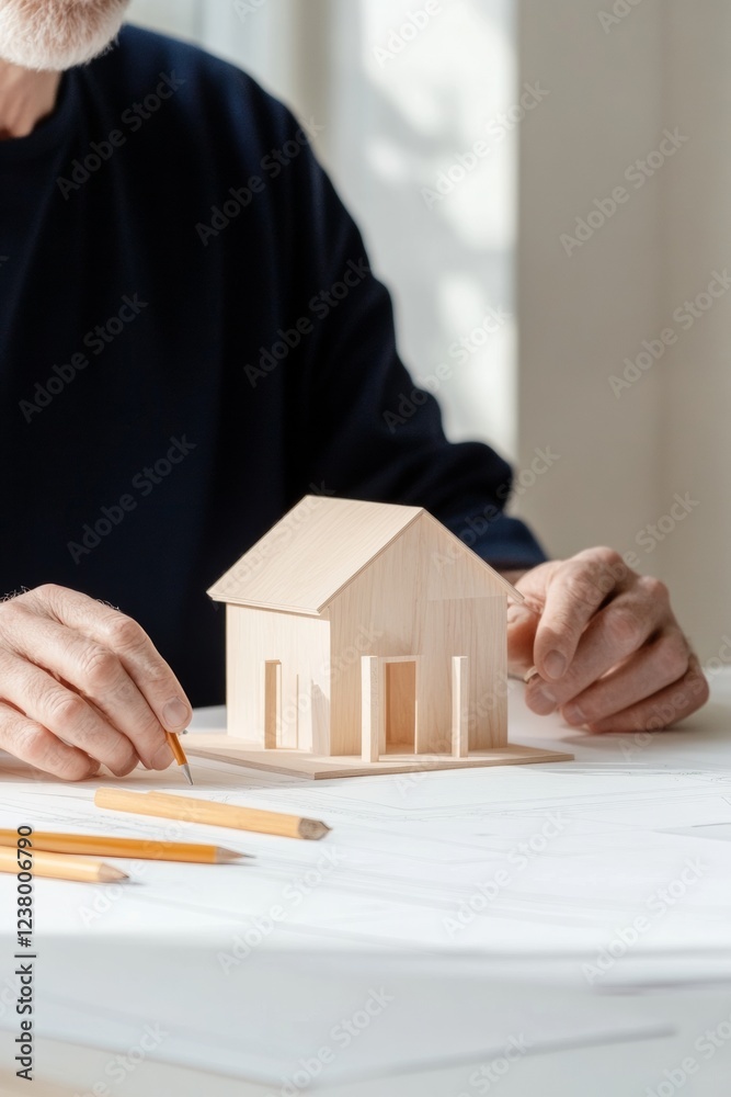 Poster Minimalist Architectural Planning Wooden Model with Sketches and Tools on Drafting Table - Innovative Design Workflow and Commercial Interior Development Solutions