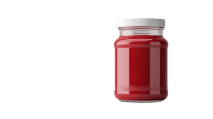 Glass jar filled with red tomato sauce on transparent background