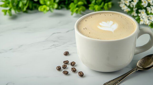 Elegant Espresso shot with a delicate floral latte art design served on a marble countertop surrounded by scattered coffee beans and a vintage spoon  - Powered by Adobe