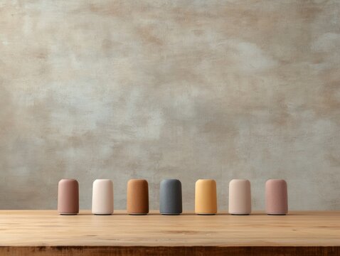 Minimalist Smart Speaker Lineup on Rustic Wooden Table - Modern Lifestyle and Tech Content for Smart Home Integration and Acoustic Design in Elegant Home Interiors