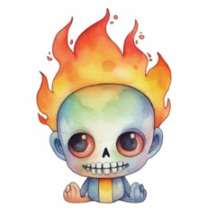 watercolors Cute skull with fire illustration 