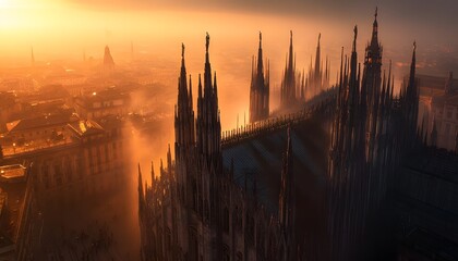 Obraz premium Milan Cathedral Sunset Aerial View Foggy Cityscape