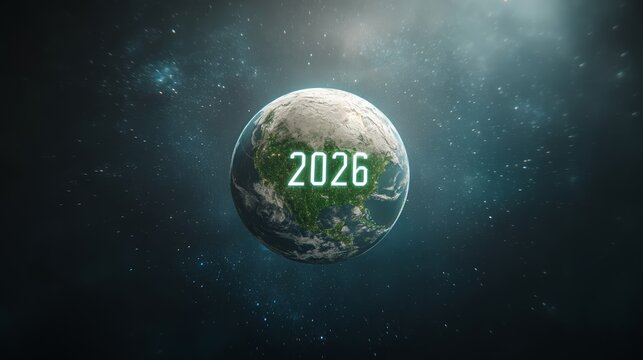 Elegant Futuristic space station orbiting Earth with the number 2026 displayed in holographic text against a starry outer space background 