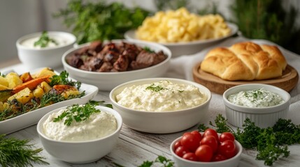 Elegant Greek Easter feast featuring plates of freshly baked tsoureki lamb stew grilled vegetables and bowls of tzatziki served in a cozy home setting 