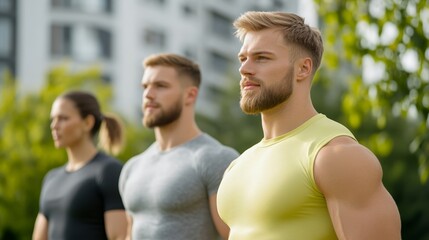 Elegant Group doing partner workouts in an urban green space surrounded by tall buildings using resistance bands and medicine balls for team drills 