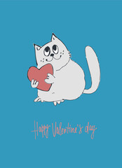 Obraz premium Card with hand drawn cat like a sketch. Vector element for greeting card, social media post. Love, Romance, Valentines Day concept