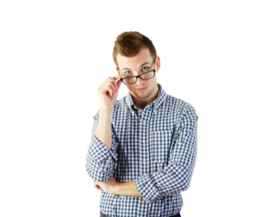 A young man wearing a blue checkered shirt, adjusting his glasses, isolated on a white background. Concept of thoughtful or inquisitive expression