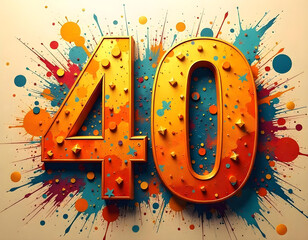 Vintage retro Number 40, forty, grunge 40th birthday, Number 40, Color splash, 40th anniversary, yellow gold red retro 40 celebration card illustration with gold, illustration of a birthday card,	