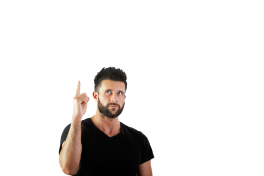 Man inshirt pointing upward with his index finger on a white background. Isolated closeup image, concept of attention or idea