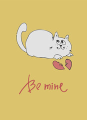 Card with hand drawn cat like a sketch. Vector element for greeting card, social media post. Love, Romance, Valentines Day concept