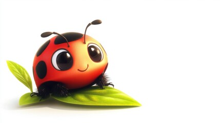 Fototapeta premium Cute ladybug sitting on a tiny leaf with a friendly expression, isolated on white