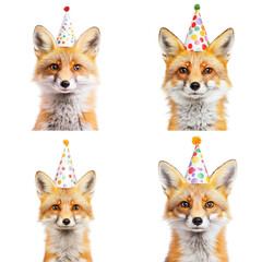 Obraz premium Fox wearing a party hat, isolated on a white background. Collection cutout png.
