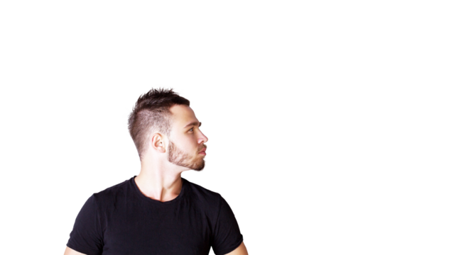 Closeup of a man with a short haircut and trimmed beard wearing at-shirt. Isolated on a white background. Concept of modern style