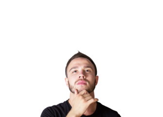 Portrait of a thoughtful man with hand on chin, gazing upwards. Isolated on a clean white background. Concept of thinking, ideas, and pondering