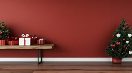 Bright red wall sets a romantic mood for Valentine's Day with an empty wooden table ready for decorations and gift displays