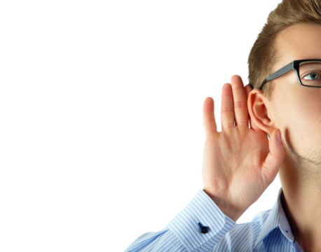 Close-up of a man with glasses cupping his hand to his ear, striped shirt visible, isolated on a white background. Concept of listening or attention