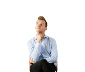Young man in a formal shirt sits with a hand supporting his chin, gazing upward. Isolated on a clean white background, concept of thinking or pondering